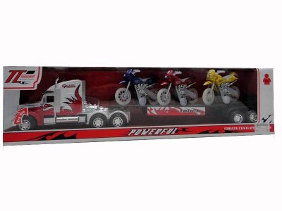 FRICTION TRUCK W/3 MOTORCYCLE RACE & LIGHT & MUSIC RED/BLUE/YELLOW - HP1029402