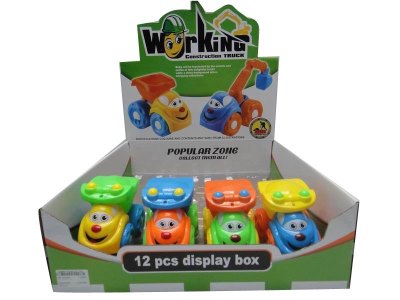 PULL LINE CONSTRUCTION CAR W/SOUND YELLOW/ORANGE/BLUE/GREEN 12PCS/DISPLAY BOX - HP1030405