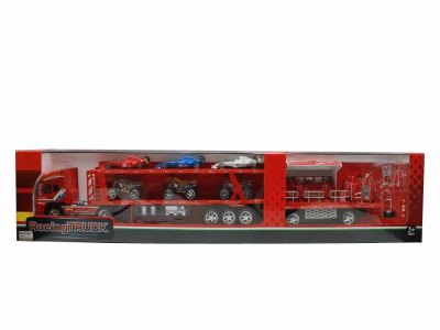 FRICTION TRUCK W/HELICOPTER & 3 MOTORCYCLE  RED/YELLOW - HP1040411