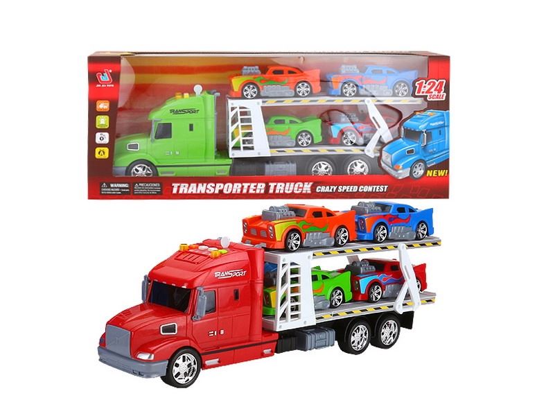 FRICTION TRUCK W/4 FREE WAY CARS & LIGHT & MUSIC RED/BLUE/GREEN，INCLUDED BATTERY - HP1091437