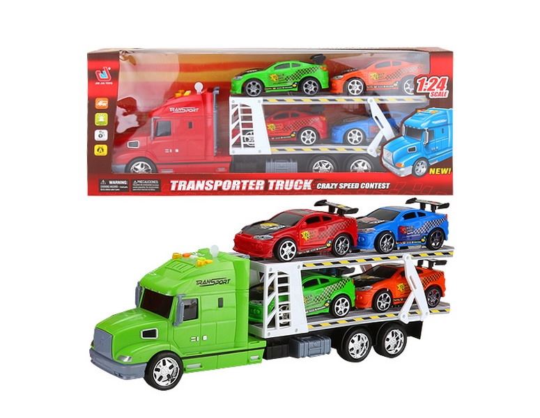 FRICTION TRUCK W/4 FREE WAY CARS & LIGHT & MUSIC RED/BLUE/GREEN，INCLUDED BATTERY - HP1091438
