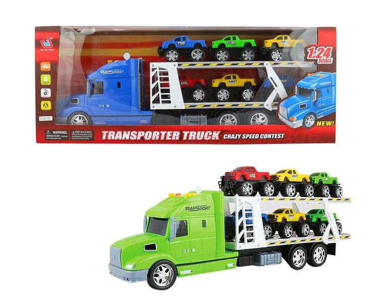 FRICTION TRUCK W/6 FREE WAY CARS & LIGHT & MUSIC RED/BLUE/GREEN，INCLUDED BATTERY - HP1091440