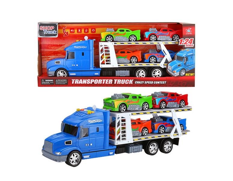FRICTION TRUCK W/4 FREE WAY CARS & LIGHT & MUSIC RED/BLUE/GREEN，INCLUDED BATTERY - HP1091442