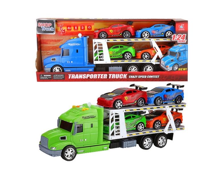 FRICTION TRUCK W/4 FREE WAY CARS & LIGHT & MUSIC RED/BLUE/GREEN，INCLUDED BATTERY - HP1091443