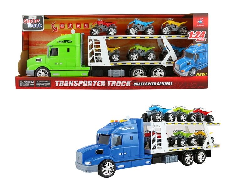 FRICTION TRUCK W/6 FREE WAY MOTO & LIGHT & MUSIC RED/BLUE/GREEN，INCLUDED BATTERY - HP1091444