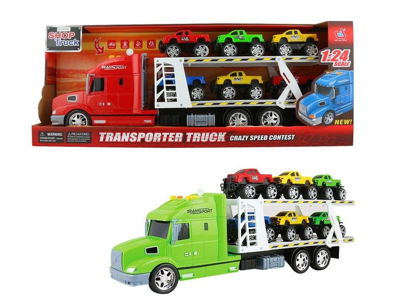 FRICTION TRUCK W/6 FREE WAY CARS & LIGHT & MUSIC RED/BLUE/GREEN，INCLUDED BATTERY - HP1091445