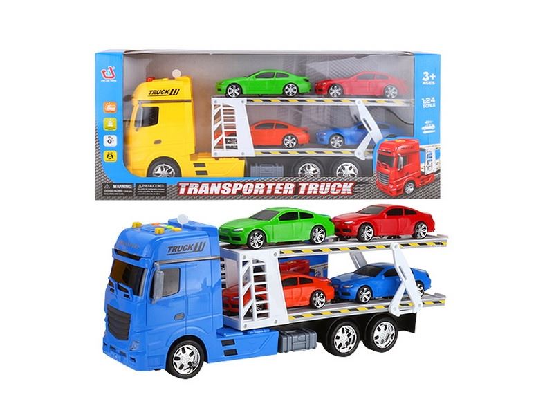 FRICTION TRUCK W/4 FREE WAY CARS & LIGHT & MUSIC RED/BLUE/YELLOW，INCLUDED BATTERY - HP1091446