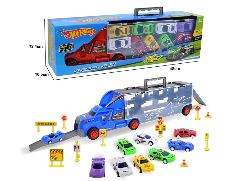 FREE WAY TRUCK W/9PCS PULL BACK  CAR & ACCESSORIES,RED/YELLOW/BLUE - HP1121620