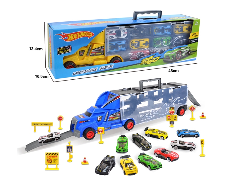 FREE WAY TRUCK W/10PCS ALLOY CAR & ACCESSORIES,RED/YELLOW/BLUE - HP1121622