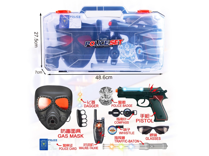 POLICE SET,GUN & TRAFFIC-BATON & WALKIE-TALKIE & DAGGER W/LIGHT & SOUND,INCLUDED BATTERY - HP1130901