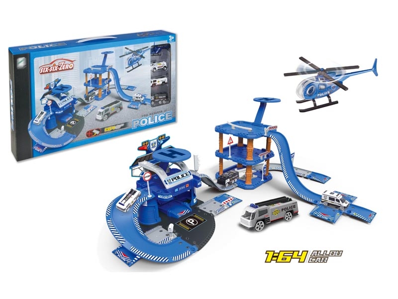 PARKING LOT DIE CAST PLAY SET W/LIGHT & MUSIC & FREE WAY DIE CAST POLICE CAR 3PCS & PLANE 1PCS - HP1139728