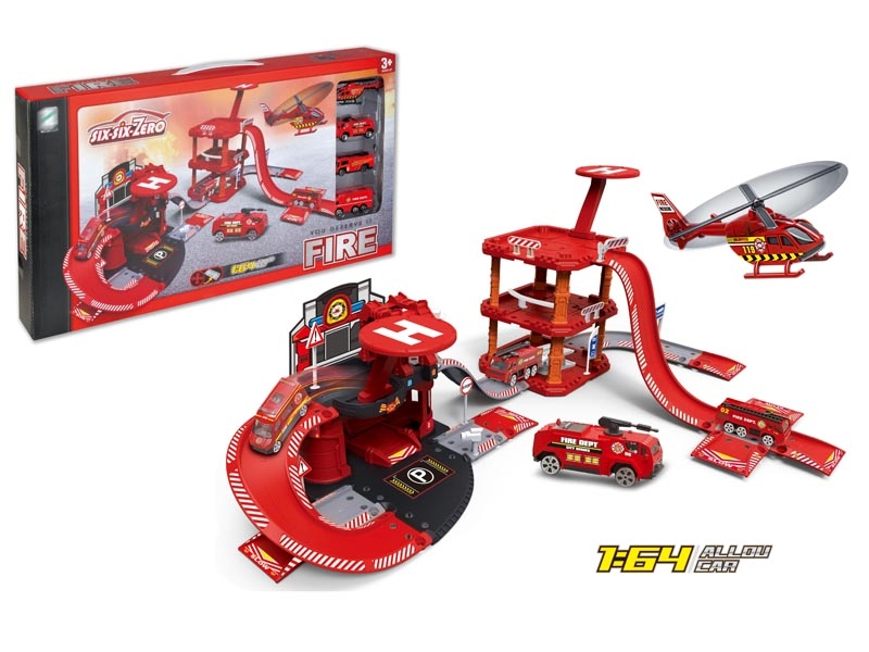 PARKING LOT DIE CAST PLAY SET W/LIGHT & MUSIC & FREE WAY DIE CAST FIRE FIGHTING TRUCK 3PCS & PLANE 1PCS - HP1139729