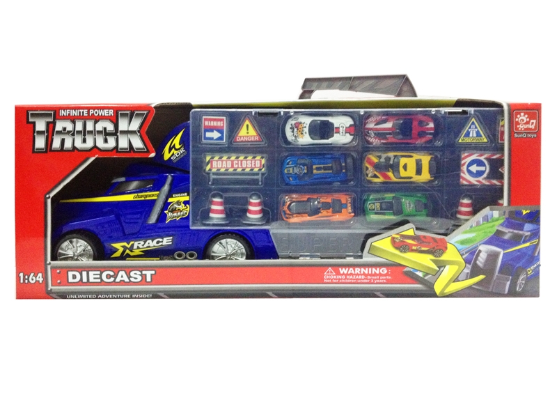 FREE WAY CONTAINER TRUCK W/FREE WAY DIE CAST CAR 6PCS & GUIDEPOST - HP1139976