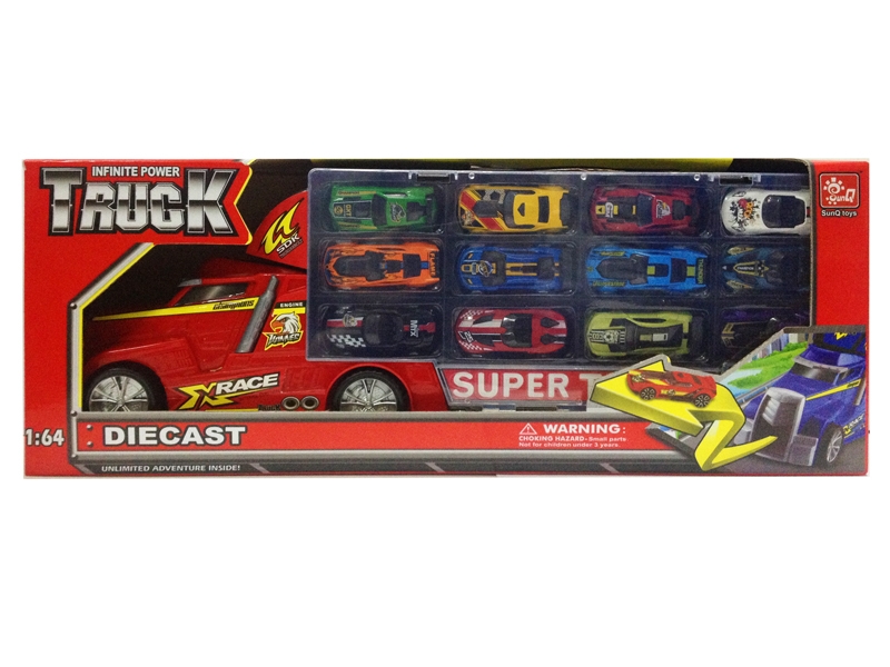 FREE WAY CONTAINER TRUCK W/FREE WAY DIE CAST CAR 12PCS & GUIDEPOST - HP1139977