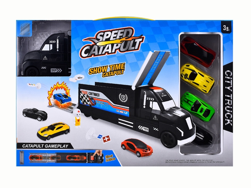 FRCITION CONTAINER TRUCK W/LAUNCHER & 4PCS FREE WAY DIE CAST CAR - HP1142336