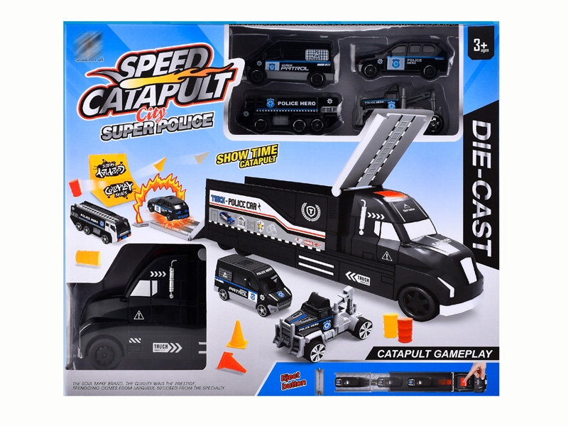 FRCITION CONTAINER TRUCK W/LAUNCHER & 4PCS FREE WAY DIE CAST CAR - HP1142337