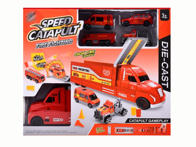 FRCITION CONTAINER TRUCK W/LAUNCHER & 4PCS FREE WAY DIE CAST CAR - HP1142339