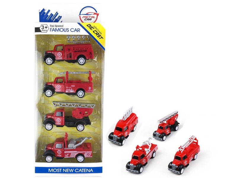 PULL BACK DIE CAST FIRE FIGHTING TRUCK 4PCS - HP1145824