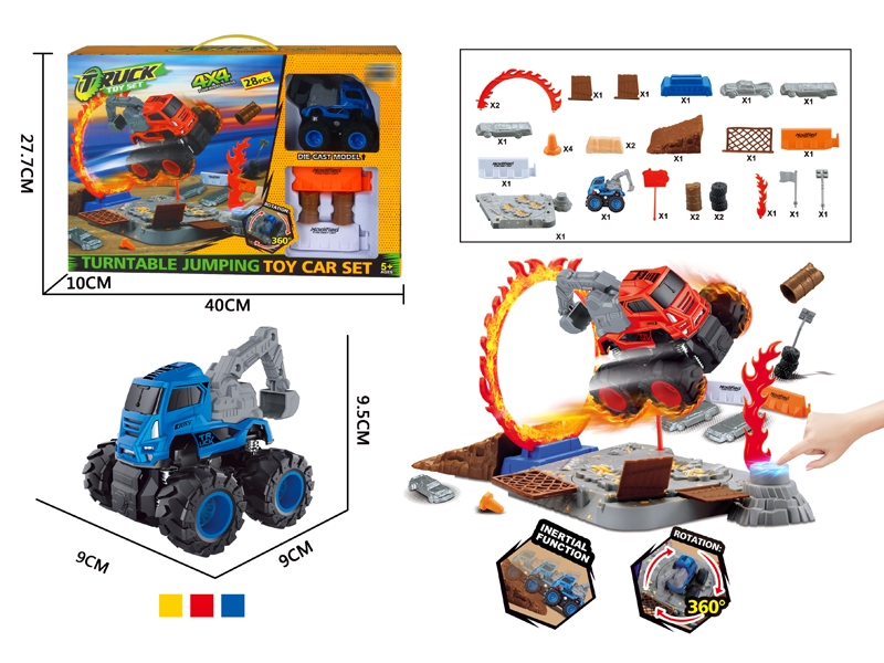 TURNTABLE JUMPING TOY CAR SET W/FRICTION DIE CAST CONSTRUCTION CAR,RED/BLUE/YELLOW - HP1146767