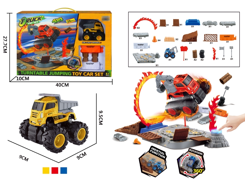 TURNTABLE JUMPING TOY CAR SET W/FRICTION DIE CAST CONSTRUCTION CAR,RED/BLUE/YELLOW - HP1146768