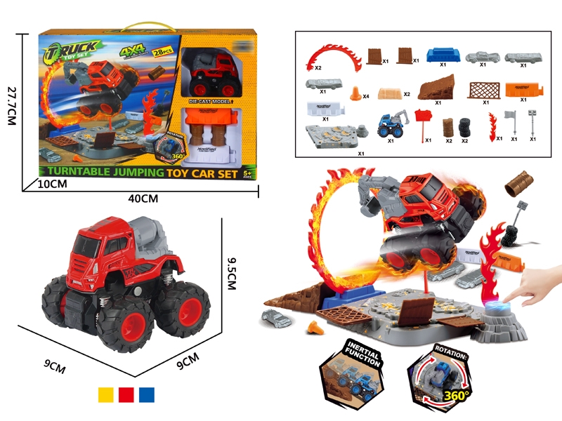 TURNTABLE JUMPING TOY CAR SET W/FRICTION DIE CAST CONSTRUCTION CAR,RED/BLUE/YELLOW - HP1146769