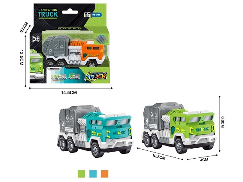 PULL BACK DIE CAST SANITATION TRUCK，ORANGE/BLUE/GREEN - HP1157624