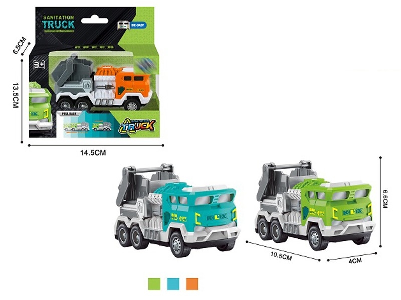 PULL BACK DIE CAST SANITATION TRUCK，ORANGE/BLUE/GREEN - HP1157625