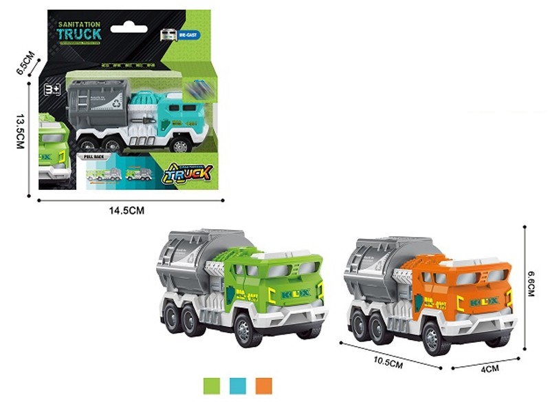 PULL BACK DIE CAST SANITATION TRUCK，ORANGE/BLUE/GREEN - HP1157626