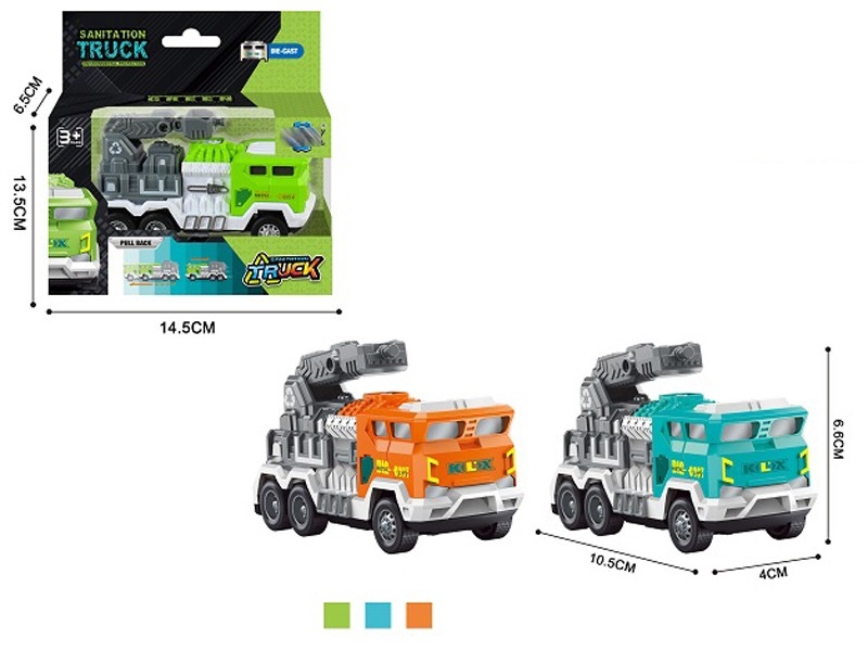 PULL BACK DIE CAST SANITATION TRUCK，ORANGE/BLUE/GREEN - HP1157628