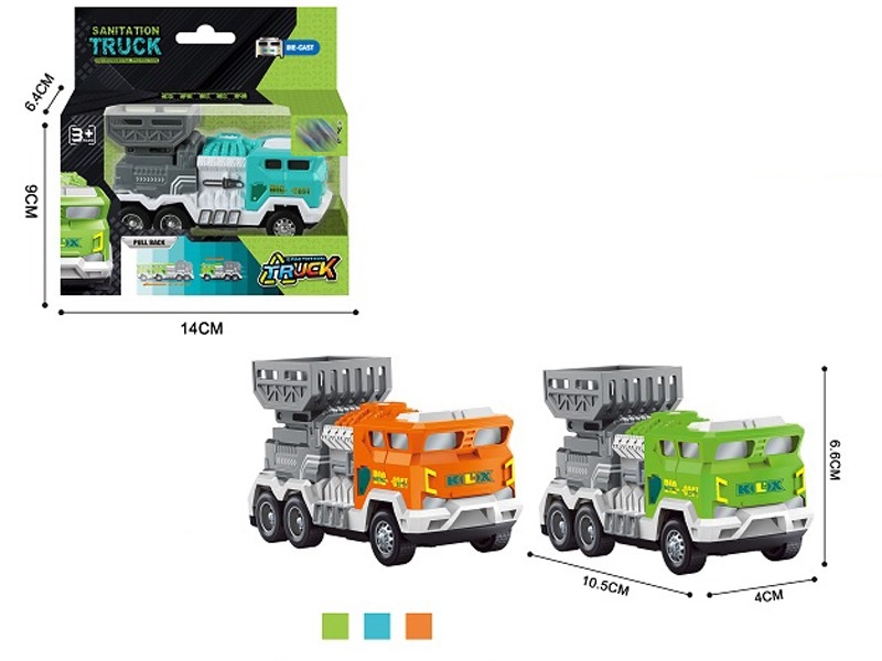 PULL BACK DIE CAST SANITATION TRUCK，ORANGE/BLUE/GREEN - HP1157629