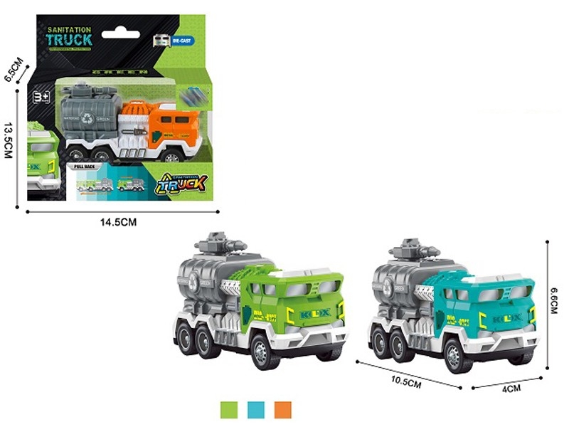 PULL BACK DIE CAST SANITATION TRUCK，ORANGE/BLUE/GREEN - HP1157630
