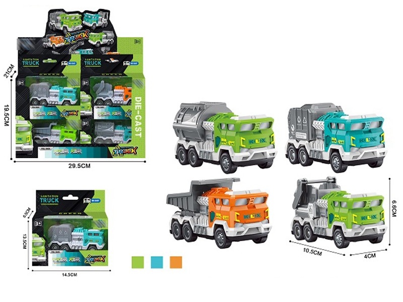 PULL BACK DIE CAST SANITATION TRUCK 4ASST,12PCS/DISPLAY BOX，ORANGE/BLUE/GREEN - HP1157638