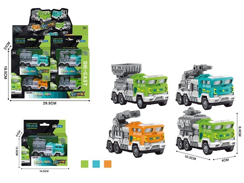 PULL BACK DIE CAST SANITATION TRUCK 4ASST,12PCS/DISPLAY BOX，ORANGE/BLUE/GREEN - HP1157639