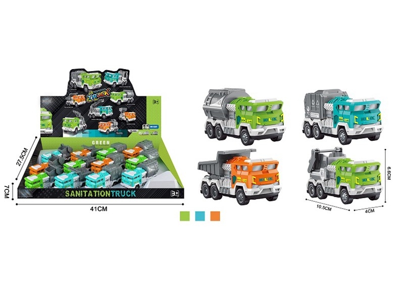 PULL BACK DIE CAST SANITATION TRUCK 4ASST,12PCS/DISPLAY BOX，ORANGE/BLUE/GREEN - HP1157640