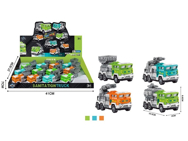 PULL BACK DIE CAST SANITATION TRUCK 4ASST,12PCS/DISPLAY BOX，ORANGE/BLUE/GREEN - HP1157641