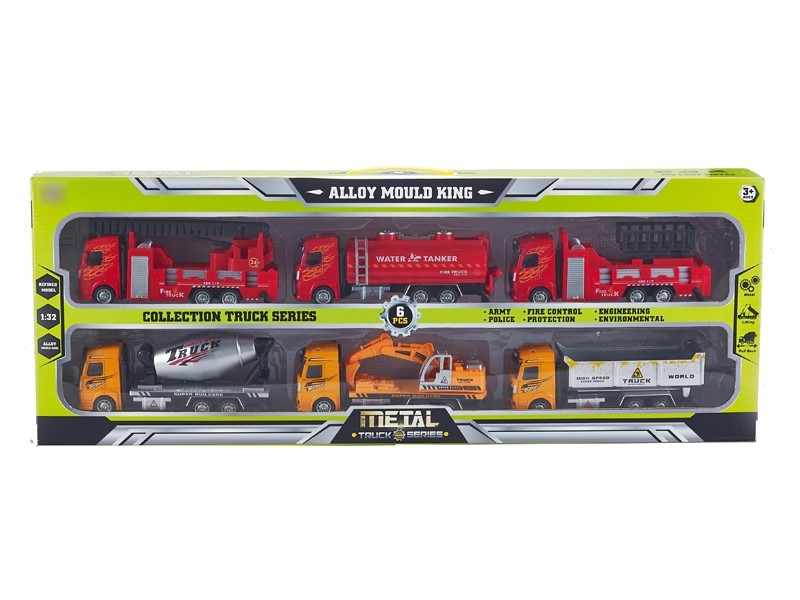 1:32  PULL BACK DIE CAST CONSTRUCTION CAR & FIRE TRUCK 6PCS，RED&YELLOW - HP1166305