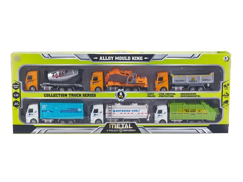 1:32  PULL BACK DIE CAST CONSTRUCTION CAR & SANITATION TRUCK 6PCS，YELLOW&WHITE - HP1166306