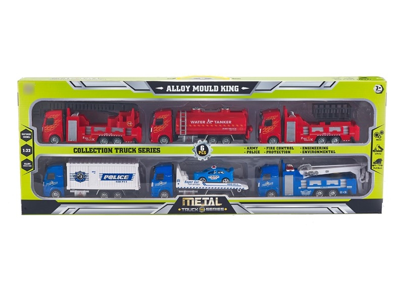 1:32 PULL BACK DIE CAST FIRE TRUCK &  POLICE CAR 6PCS，RED&BLUE - HP1166308