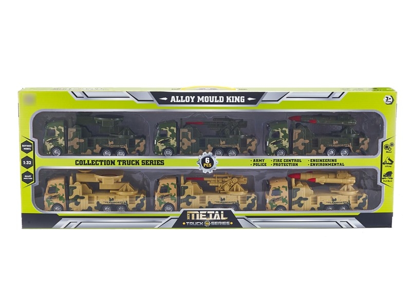 1:32 PULL BACK DIE CAST MILITARY CAR 6PCS，ARMY GREEN&DESERT YELLOW - HP1166309