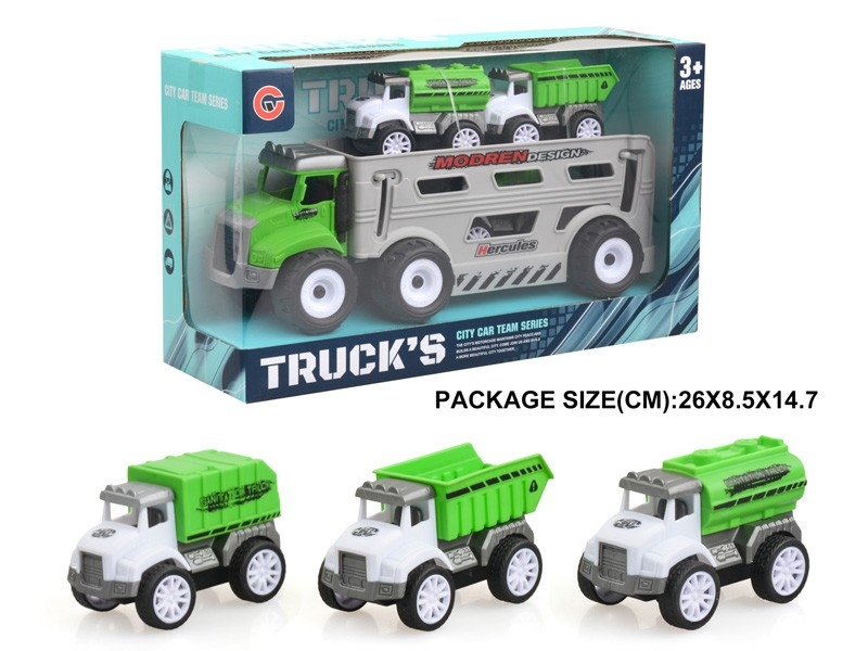 FRICTION SANITATION TRUCK W/PULL BACK CAR 3PCS - HP1178806