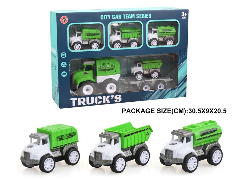 FRICTION SANITATION TRUCK W/PULL BACK CAR 4PCS - HP1178814