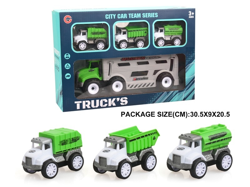 FRICTION SANITATION TRUCK W/PULL BACK CAR 3PCS - HP1178819