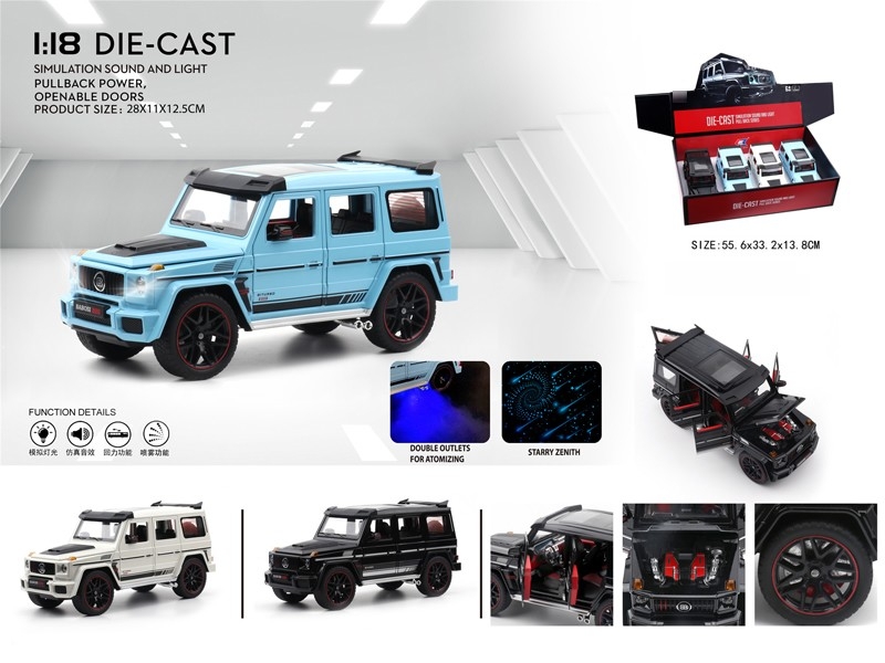 1:18 PULL BACK DIE-CAST CAR W/LIGHT & SOUND (CAN OPEN 8 DOORS & SPARY, 3 COLORS, INCLUDED BATTERY, 4 PCS/DISPLAY BOX) - HP1179887