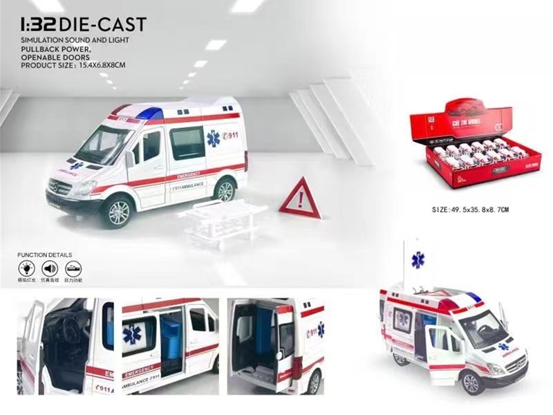 1:32 PULL BACK DIE-CAST CAR W/LIGHT & SOUND (CAN OPEN 6 DOORS, INCLUDED BATTERY, 12 PCS/DISPLAY BOX) - HP1179892