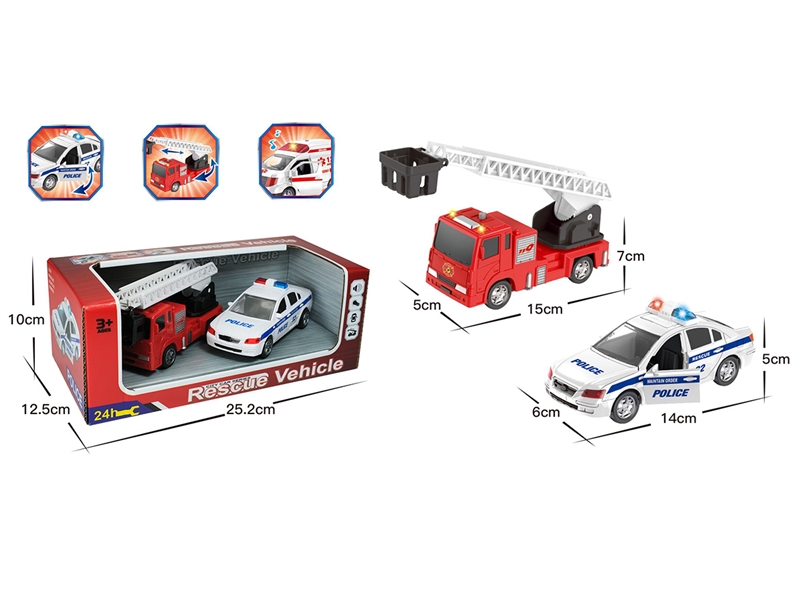 PULL BACK POLICE CAR & FIRE TRUCK，CAN OPEN THE DOOR，W/LIGHT & SOUND，INCLUDE BATTERY - HP1187622