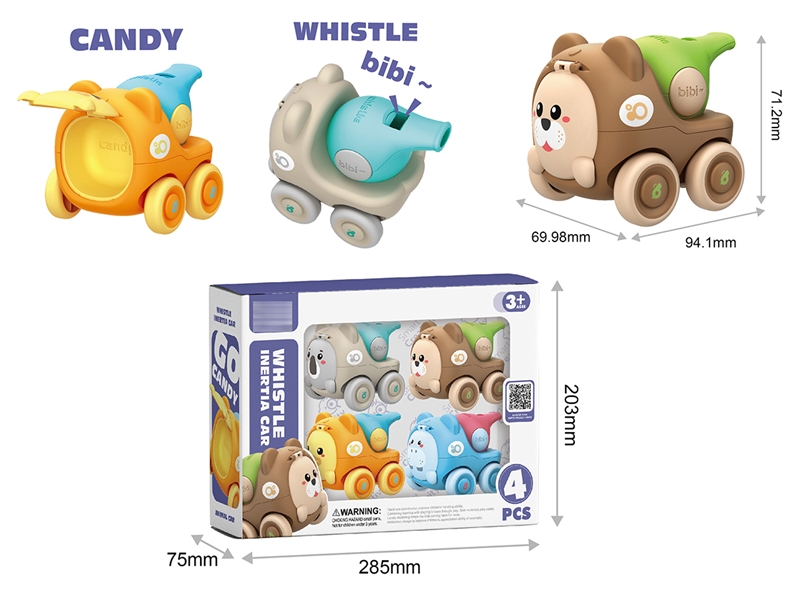 FRICTION ANIMAL CAR W/WHISTLE 4PCS - HP1198341