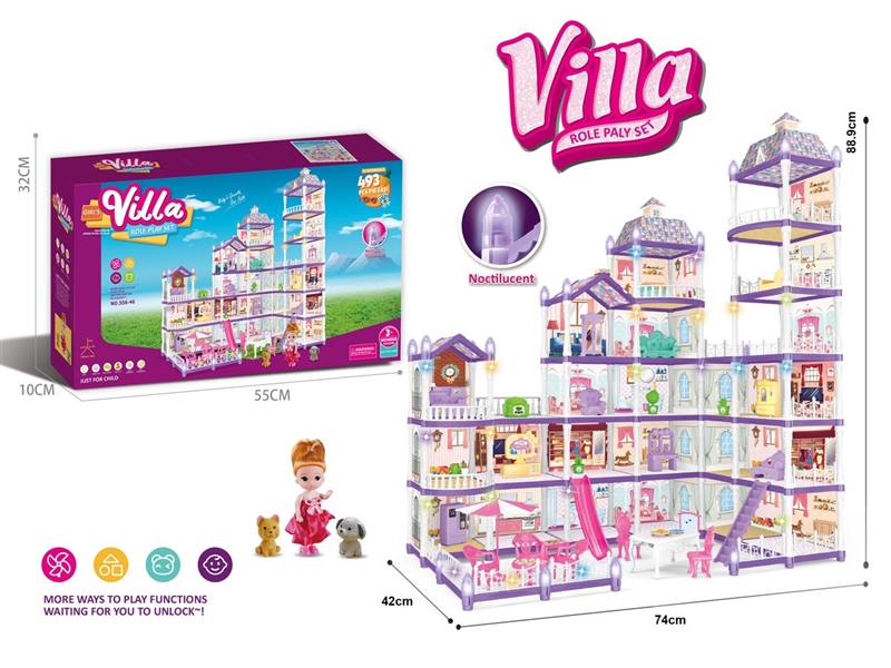 DIY NOCTILUCENCE VILLA W/LIGHT & DOLL，493PCS - HP1211503