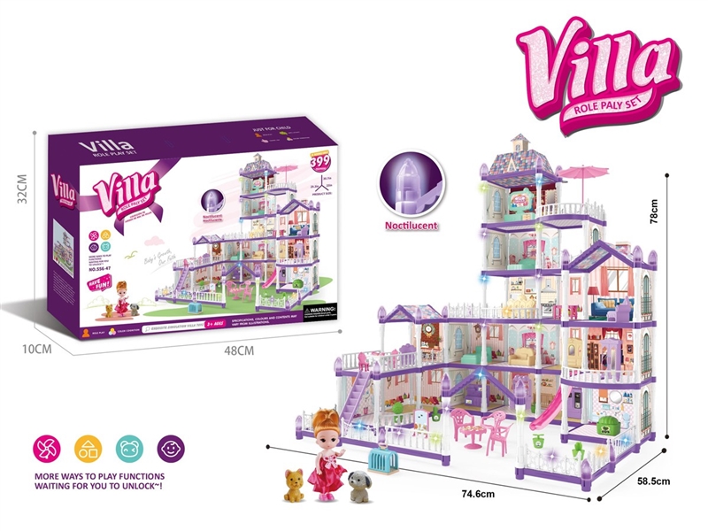 DIY NOCTILUCENCE VILLA W/LIGHT & DOLL，399PCS - HP1211505