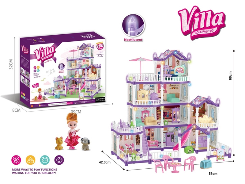 DIY NOCTILUCENCE VILLA W/LIGHT & DOLL，280PCS - HP1211508