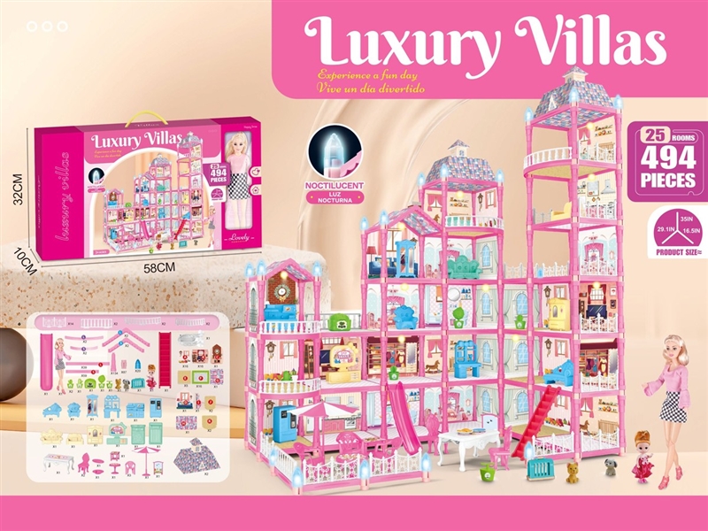DIY NOCTILUCENCE VILLA W/LIGHT & DOLL，494PCS - HP1211516
